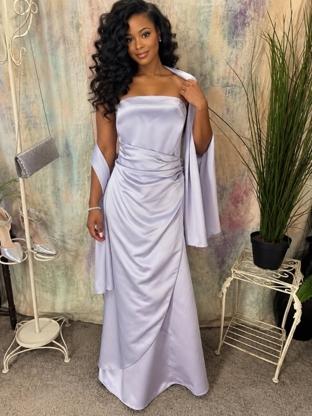 📌David's Bridal Strapless Side Drape & Brooch Satin Bridesmaid Prom Gown Scarf